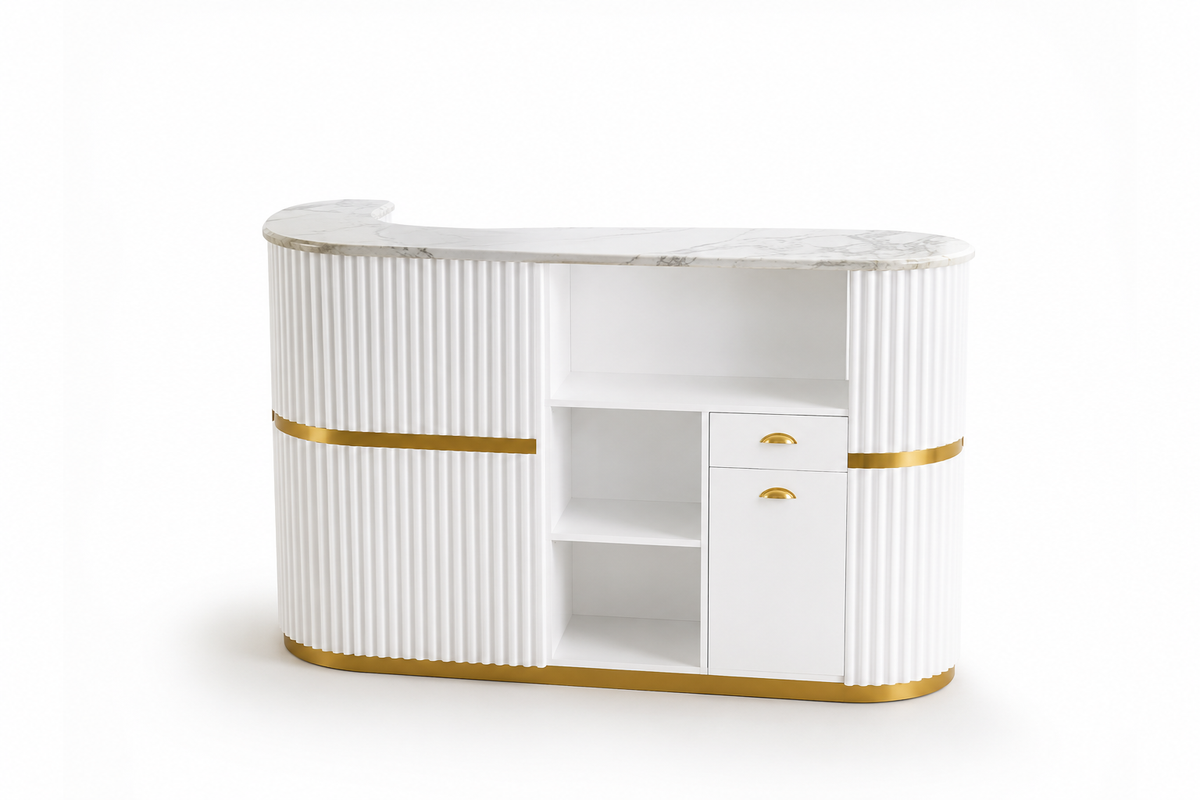 XS-RE09 COMPTOIR 120X55X100 BLANC AVEC DORE METAL Monde de l'Esthétique