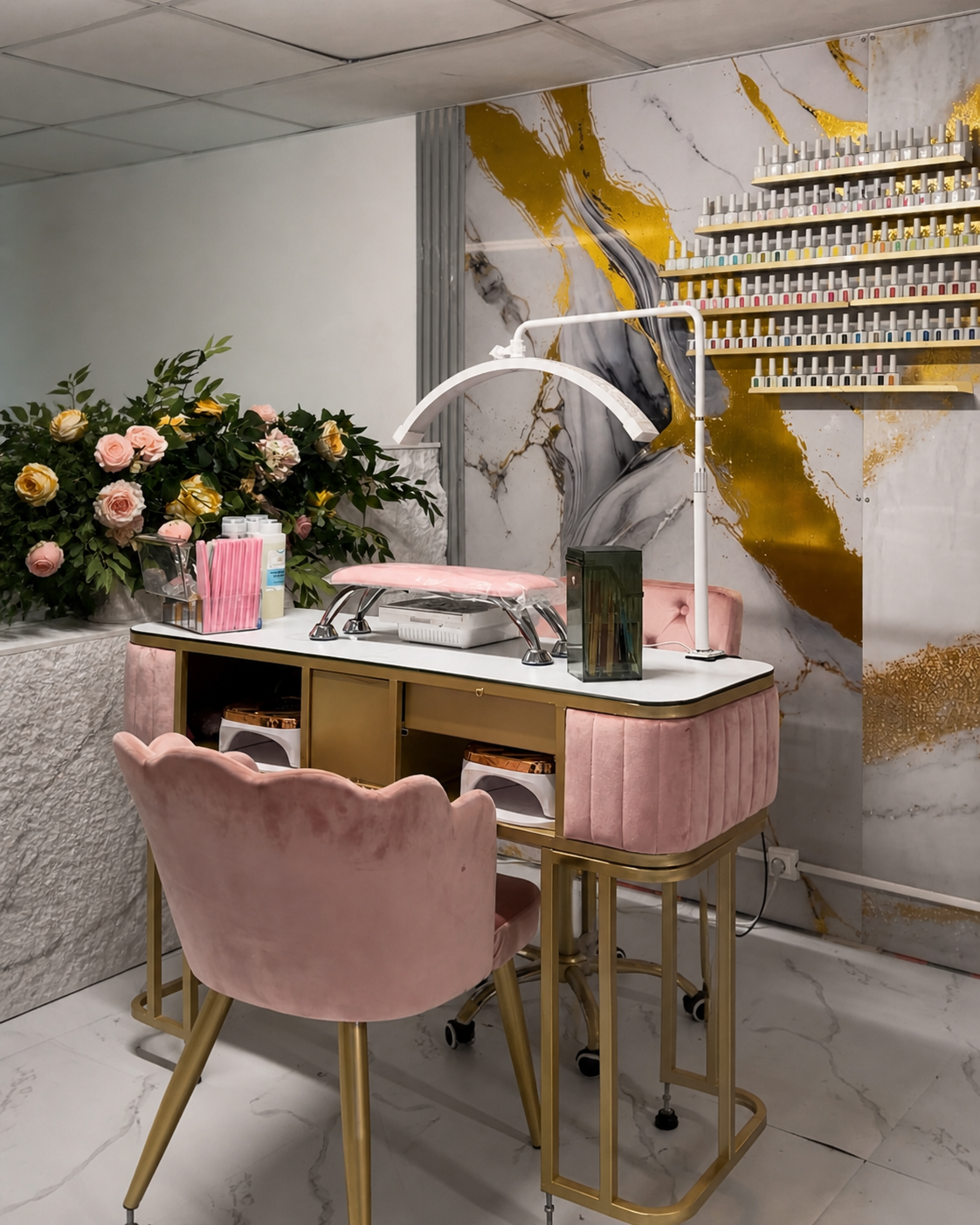 Espace Coworking Chic : Table de Manucure Rose Claire Monde de l'Esthétique