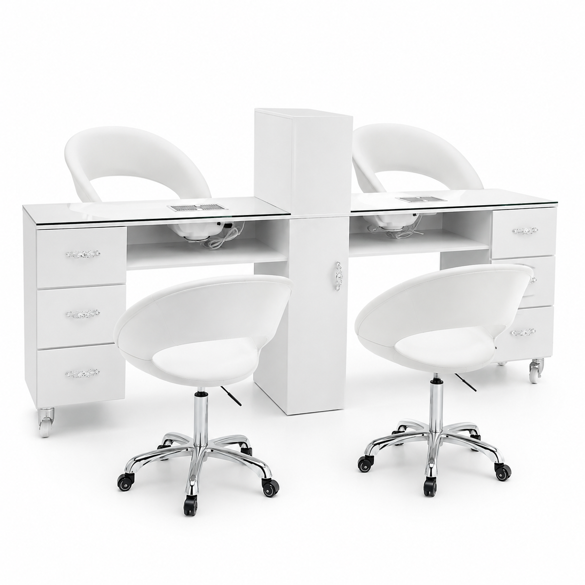 Ensemble Manucure Double Poste DuoGlass LED – Table + 4 Chaises Le Monde de l'Esthétique