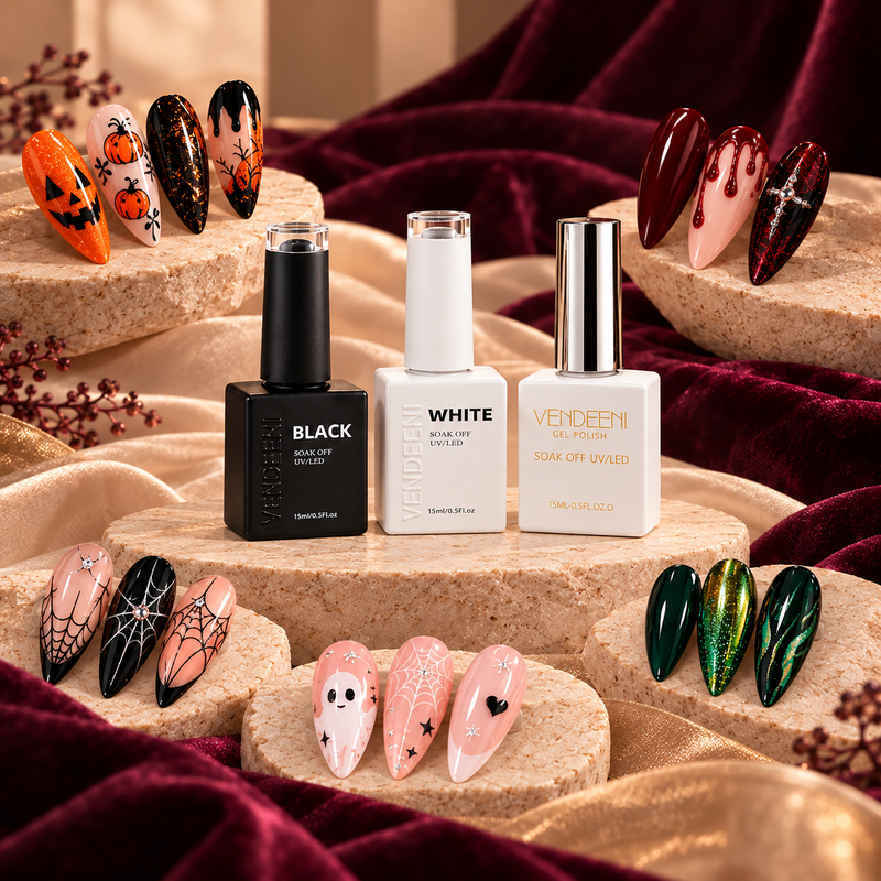 Nail art Halloween LMDE : citrouilles, toiles d'araignée et rouge vampire