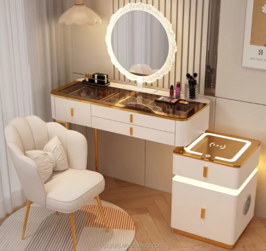 Ensemble Manucure Complet – Table Miroir LED + Trolley Bluetooth + Chaise Fleur Le Monde de l'Esthétique