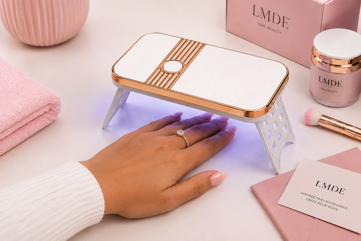 1. Prépare l'ongle. 2. Builder gel — Mini Lampe 60 sec. 3. Capsule ou couleur — 30 sec. 4. Top coat — 30 sec. Tenue 3-4 semaines garantie.
