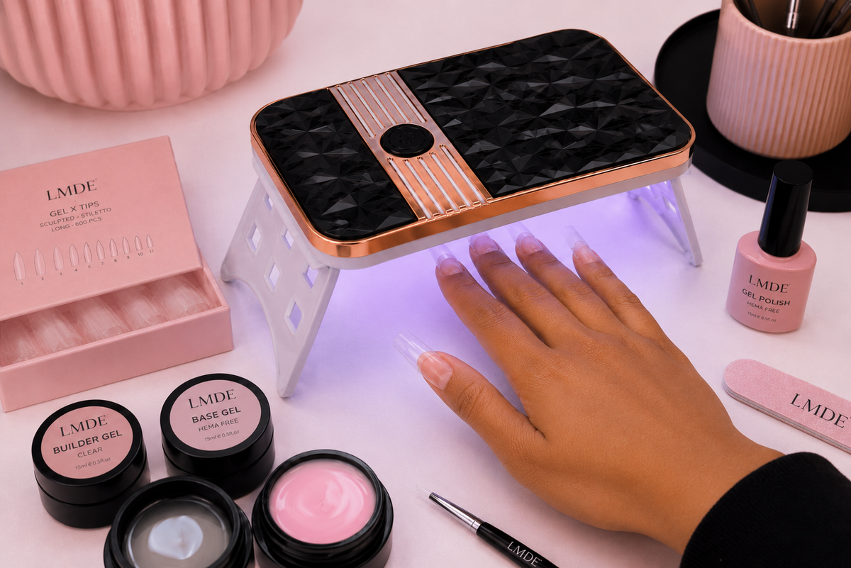 La lampe est le moteur de chaque pose. Builder gel pour la structure, top coat pour la brillance, capsules Gel X pour la forme. Ces 3 produits ensemble avec ta Mini SK-Diamond = pose complète en 20 minutes — résultat salon garanti.