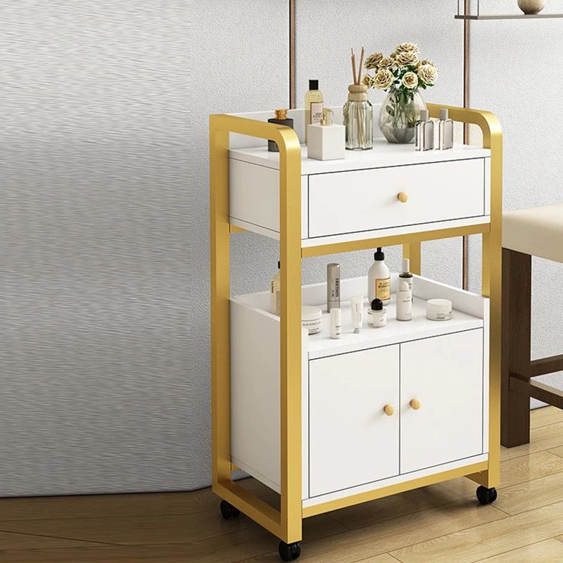 XS-T04 CHARIOT A ROULETTE EN BOIS 1 COMPARTIMENT BLANC MARBRE ET DORE LE MONDE LESTHETIQUE