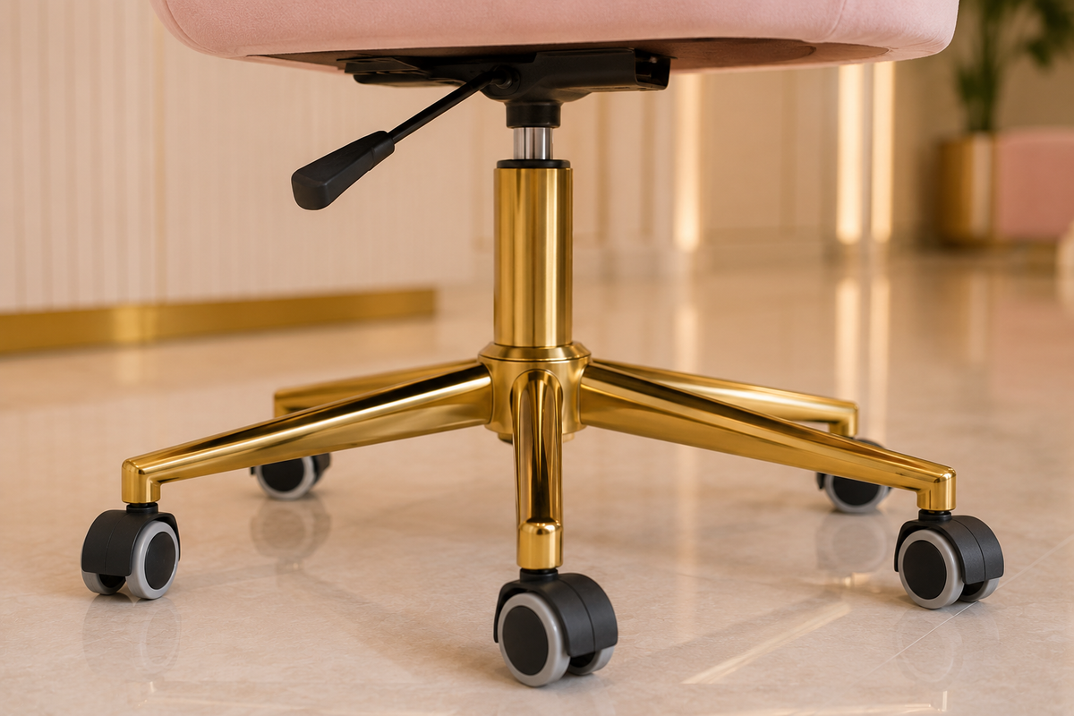 La base est en métal renforcé avec roulettes nylon résistantes, adaptées au carrelage et à un usage quotidien intensif en institut.